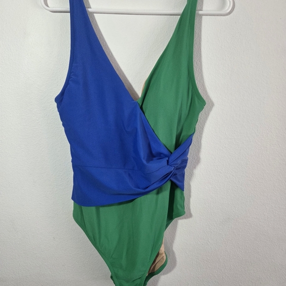 J. Crew One Piece Colorblock Swimsuit Green Blue V Neck Size Medium - Picture 10 of 10